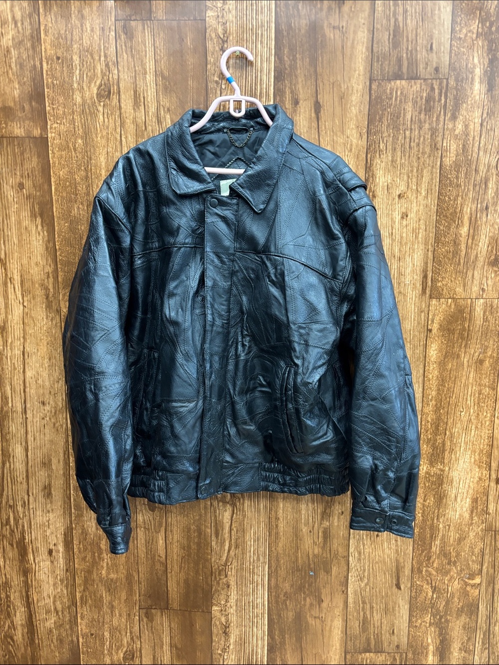 Haband Black Leather Patchwork Bomber Jacket